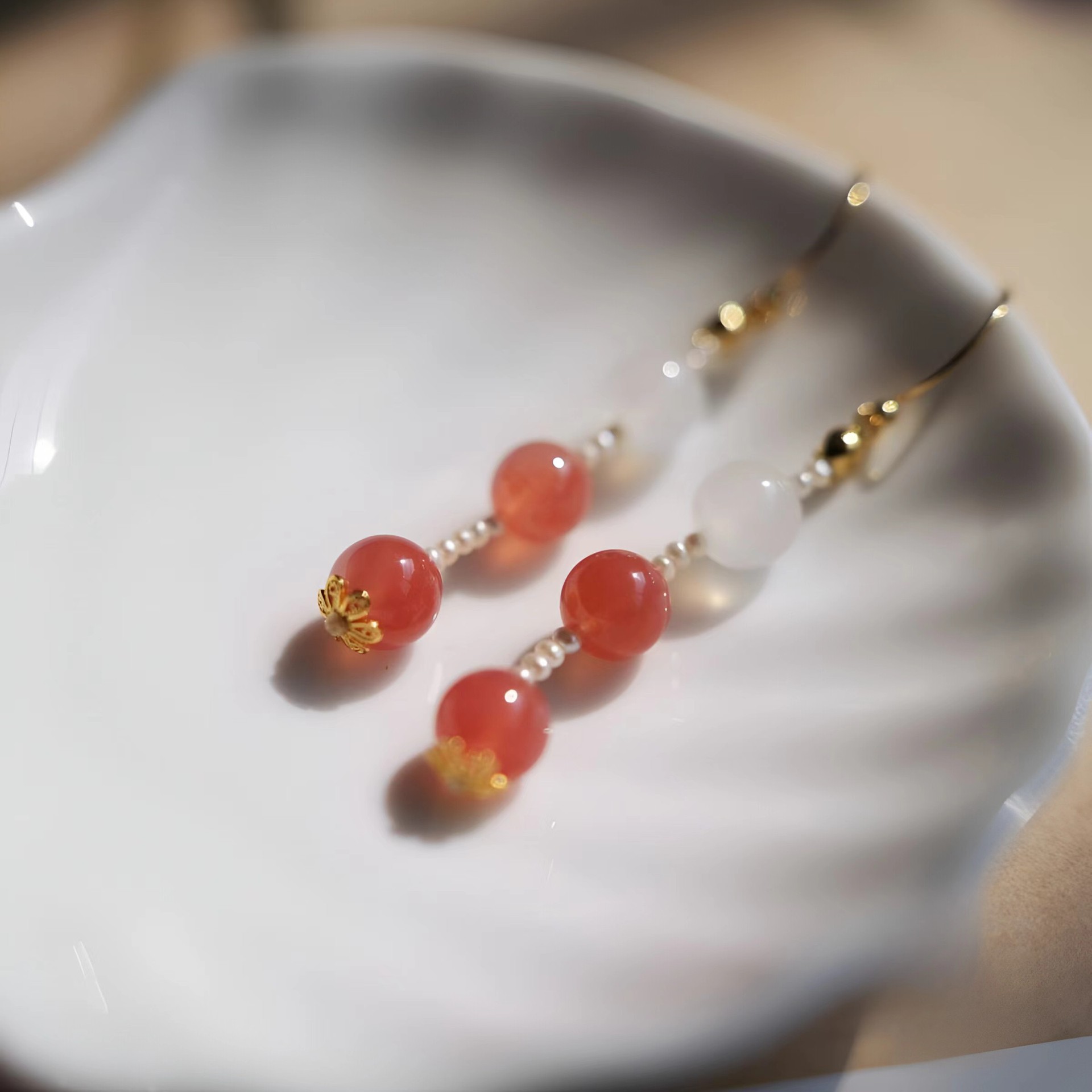 撤柜新中式国潮风樱桃渐变绯珍珠耳环耳夹汉服配饰古风年新款爆款