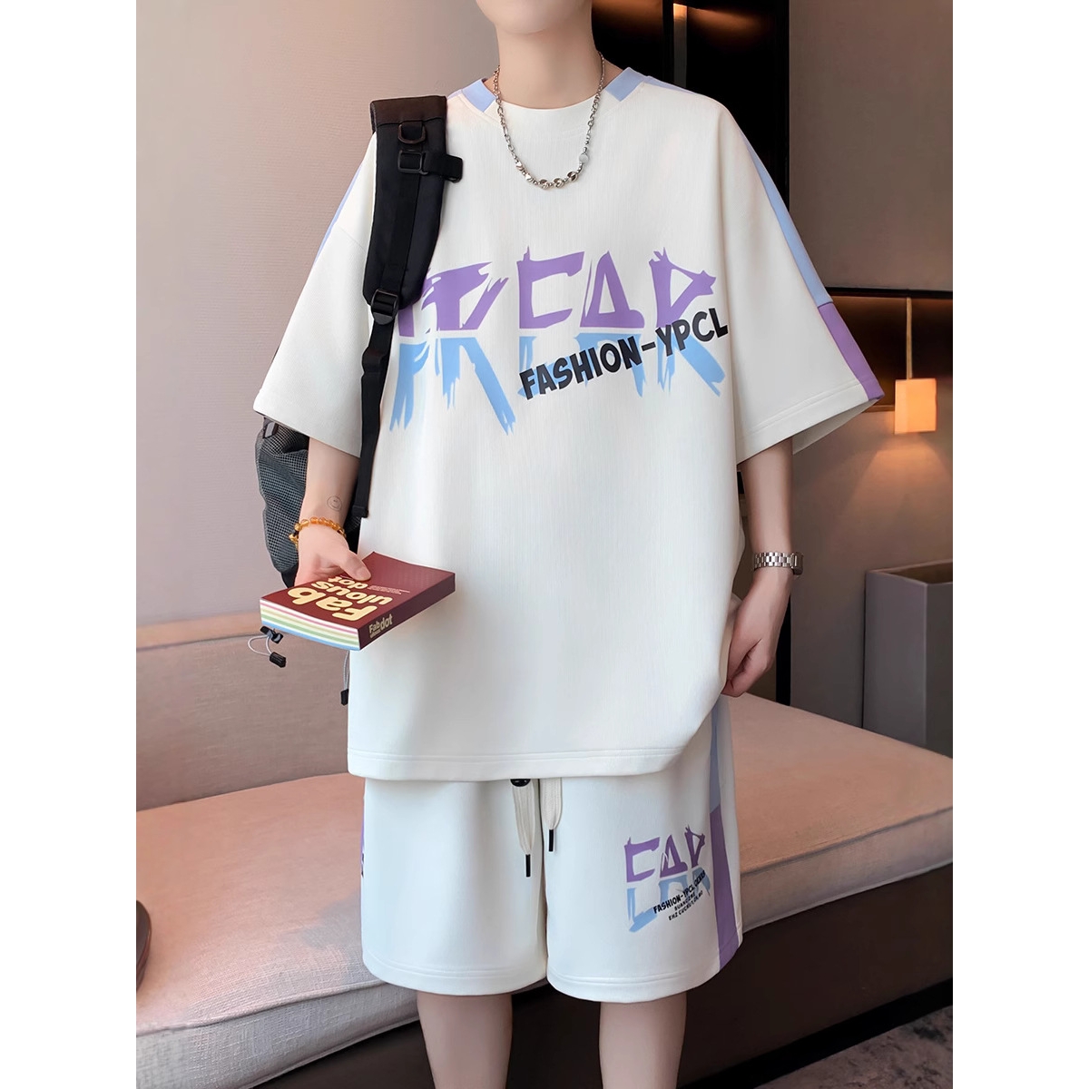 新品折扣青少年冰丝短袖t恤男孩初中生休闲运动套装大童夏装帅气