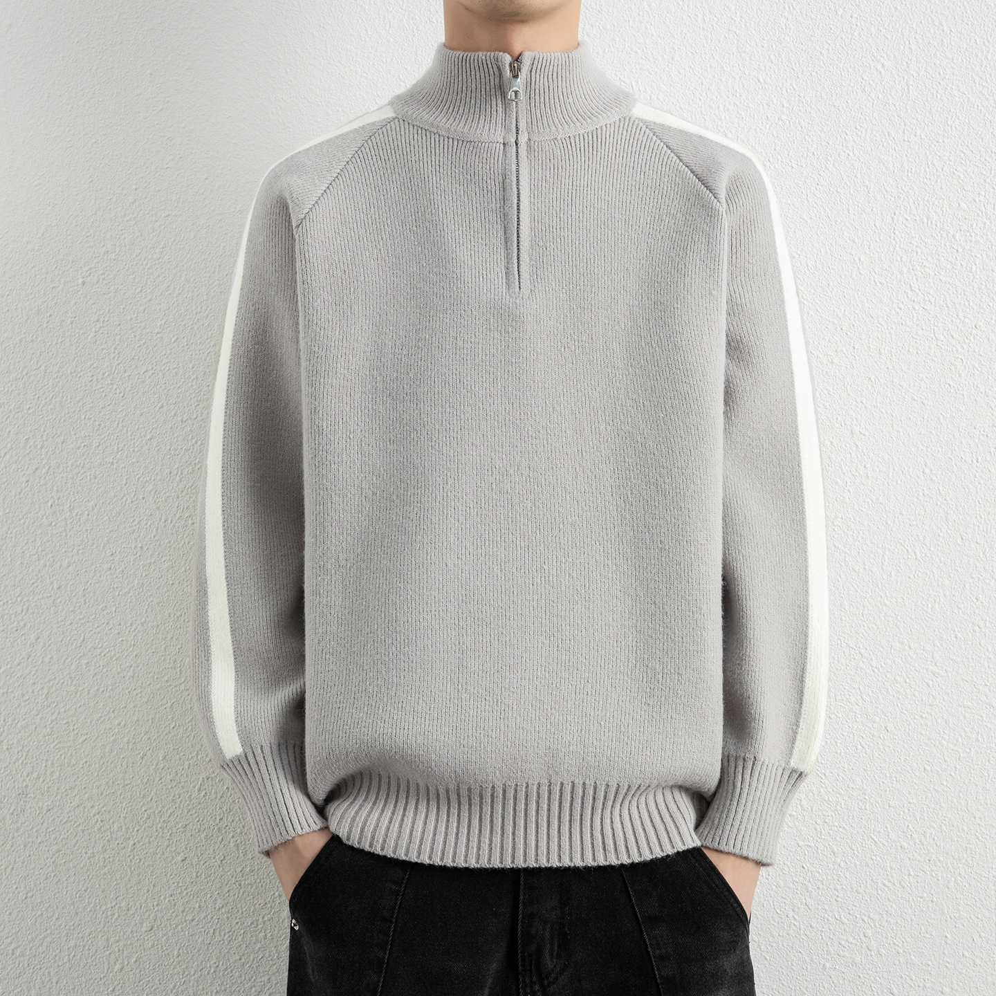 个性时尚半拉链毛衣男冬新款半高领针织衫男保暖内搭线衣打底衫