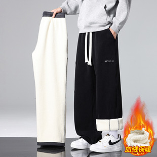 欧洲站冬季羊羔毛休闲长裤子男初中高中学生加绒加厚青少年大童保