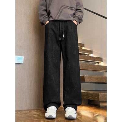 香港撤柜冬款牛仔裤子男孩初中高中学生加绒加厚青少年大童阔腿直