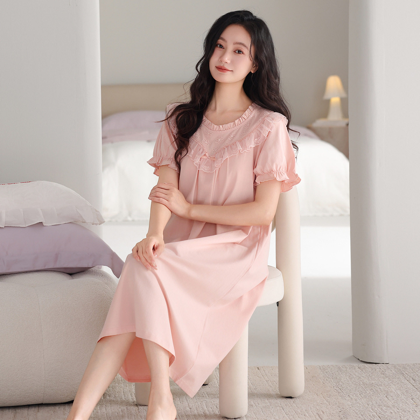 德国纯棉睡衣女款夏季短袖带胸垫睡裙新款中长裙可外穿夏天家居服