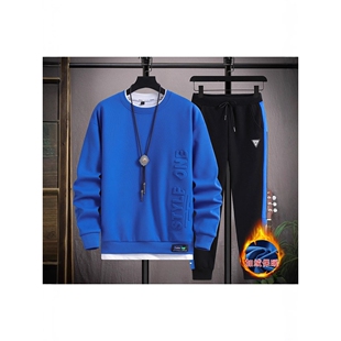 欧洲站冬运动套装男孩青少年初高中学生加绒卫衣加厚两件套