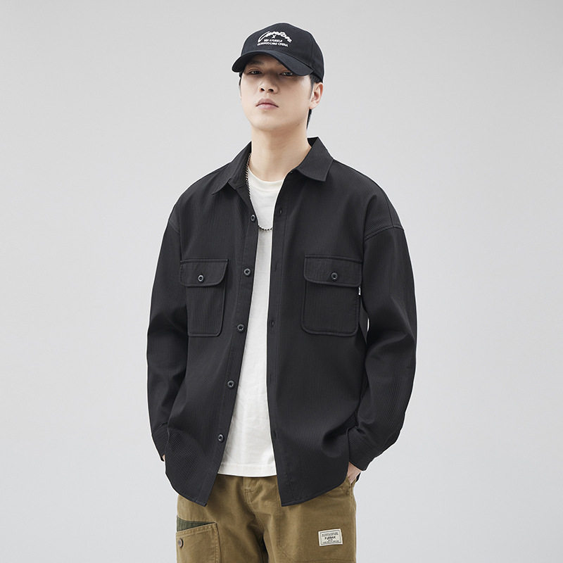 德国日系黑色工装长袖衬衫男季新款复古男士衬衣条纹男款
