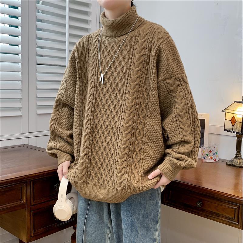 潮流时尚高领毛衣男冬新品加厚宽松打底针织衫潮牌粗线麻花毛线衣