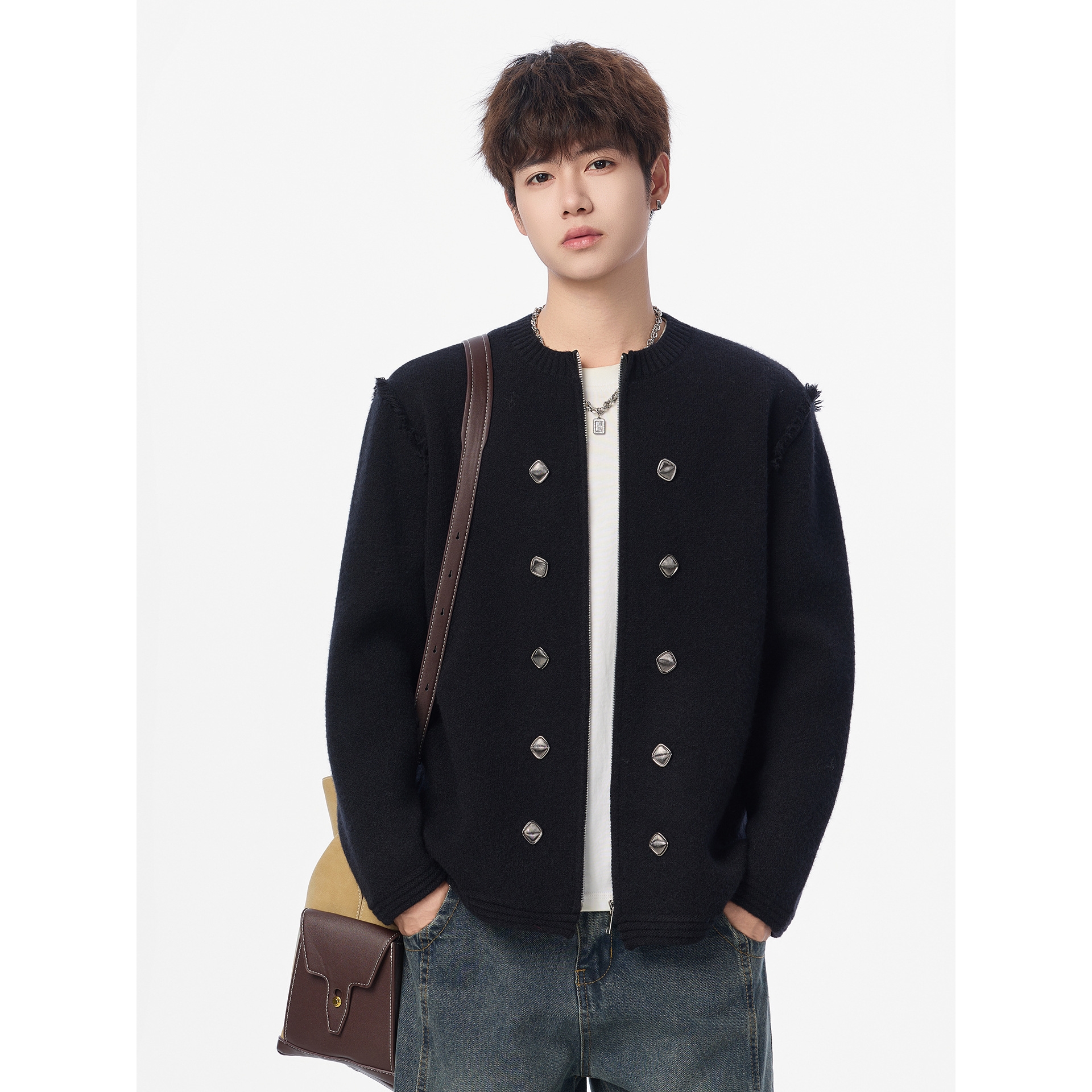 个性时尚季新款国潮设计感纽扣拉链毛衣外套宽松情侣款针织开衫