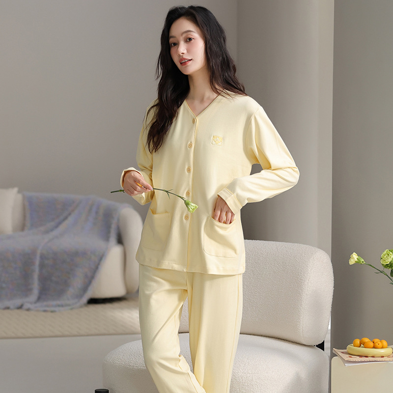 潮牌季新款大码慵懒风全面棉睡衣女长袖简约V领家居服套装可外穿