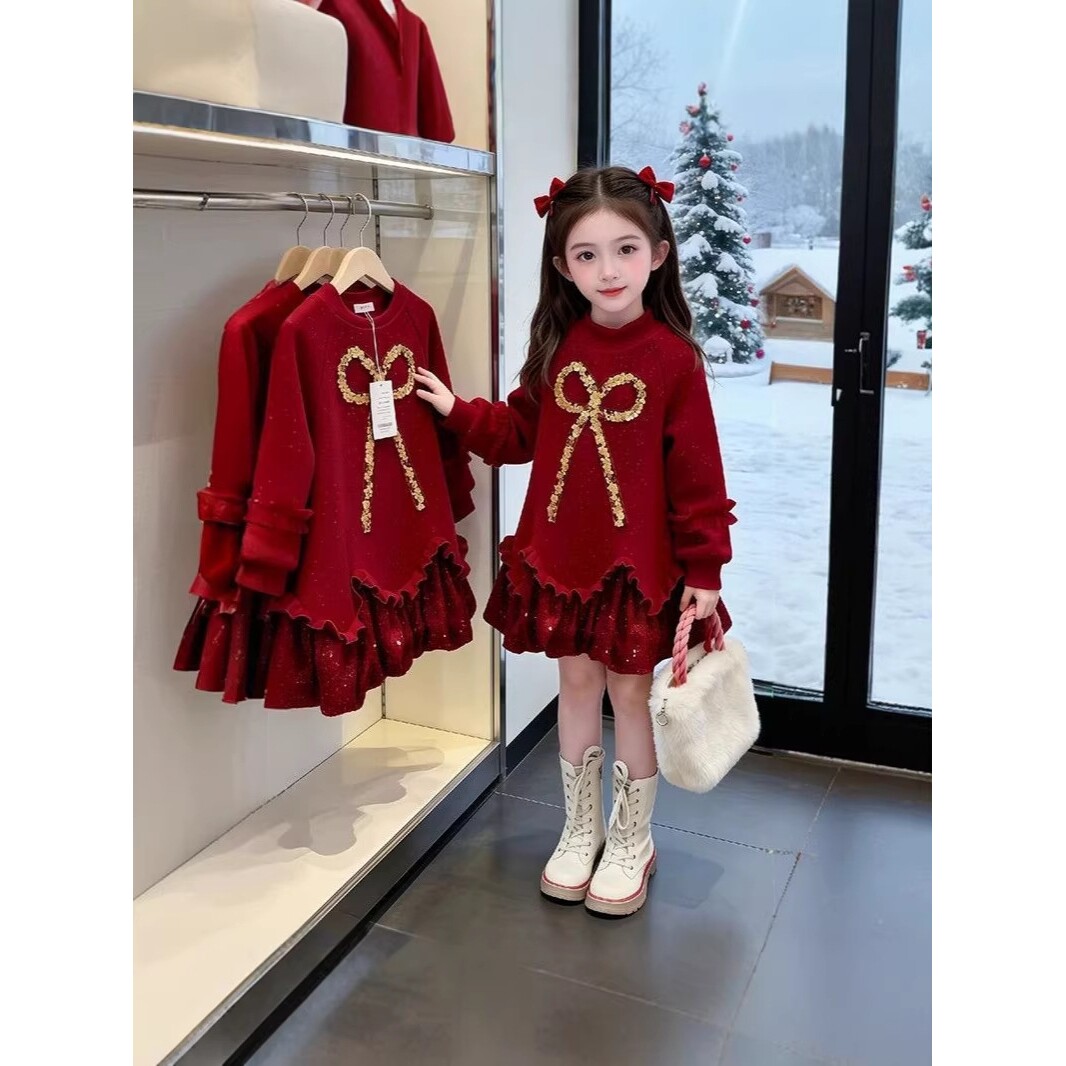 德国女童冬装加绒加厚拼接连衣裙新款中大童红色喜庆长袖卫衣裙潮