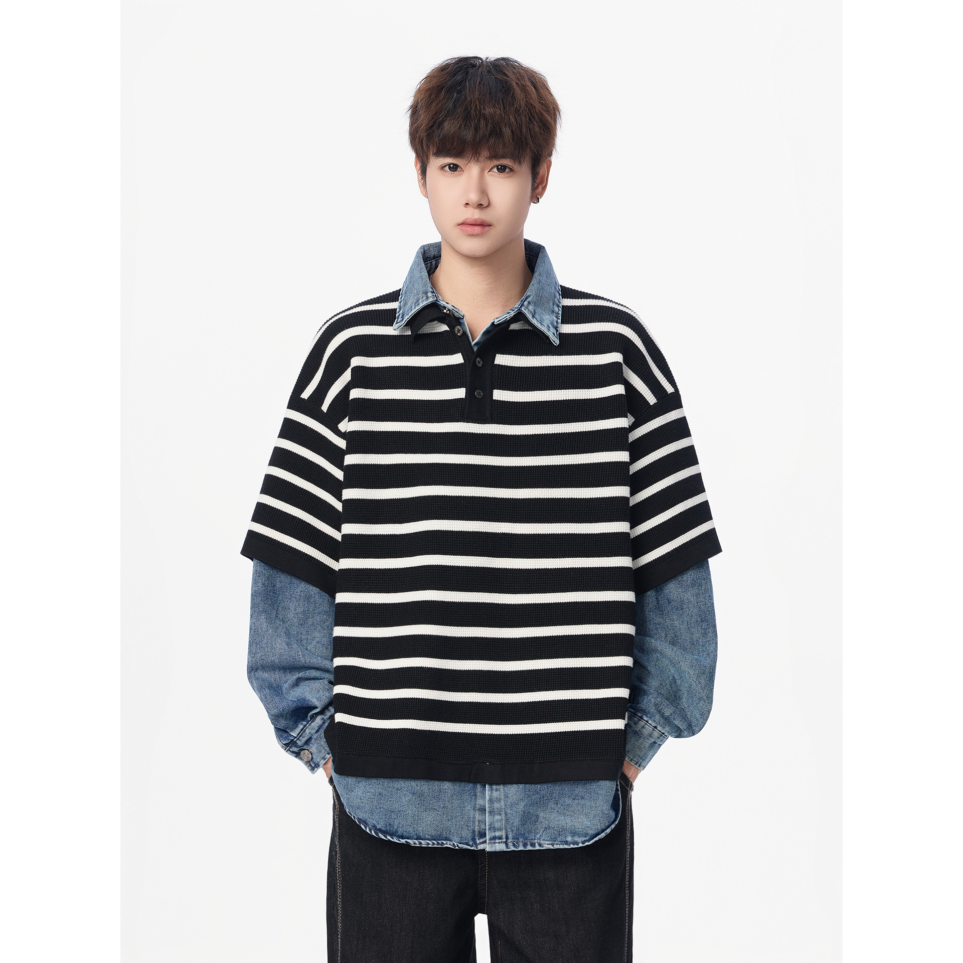 香港撤柜青少年学生假两件毛衣男冬季宽松衬衫领针织衫男士高级套