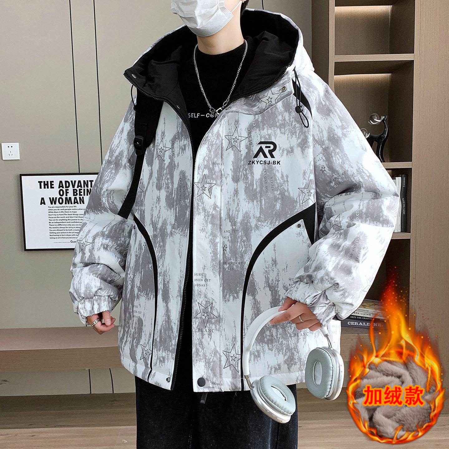 德国青少年冬款连帽外套潮流男孩初中高中学生加绒加厚大童夹克棉