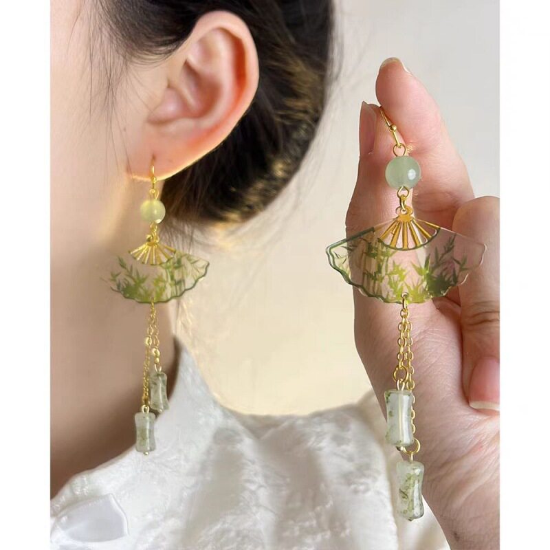 撤柜新款新中式国风透明折扇青竹耳环女小众古风汉服竹节百搭耳坠