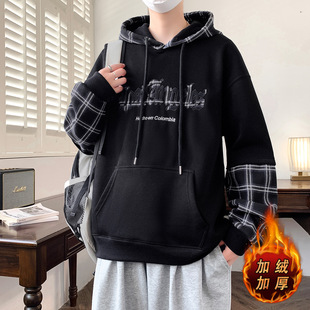 欧洲站冬季加绒加厚卫衣男孩初中高中学生潮牌帅气青少年大童冬装