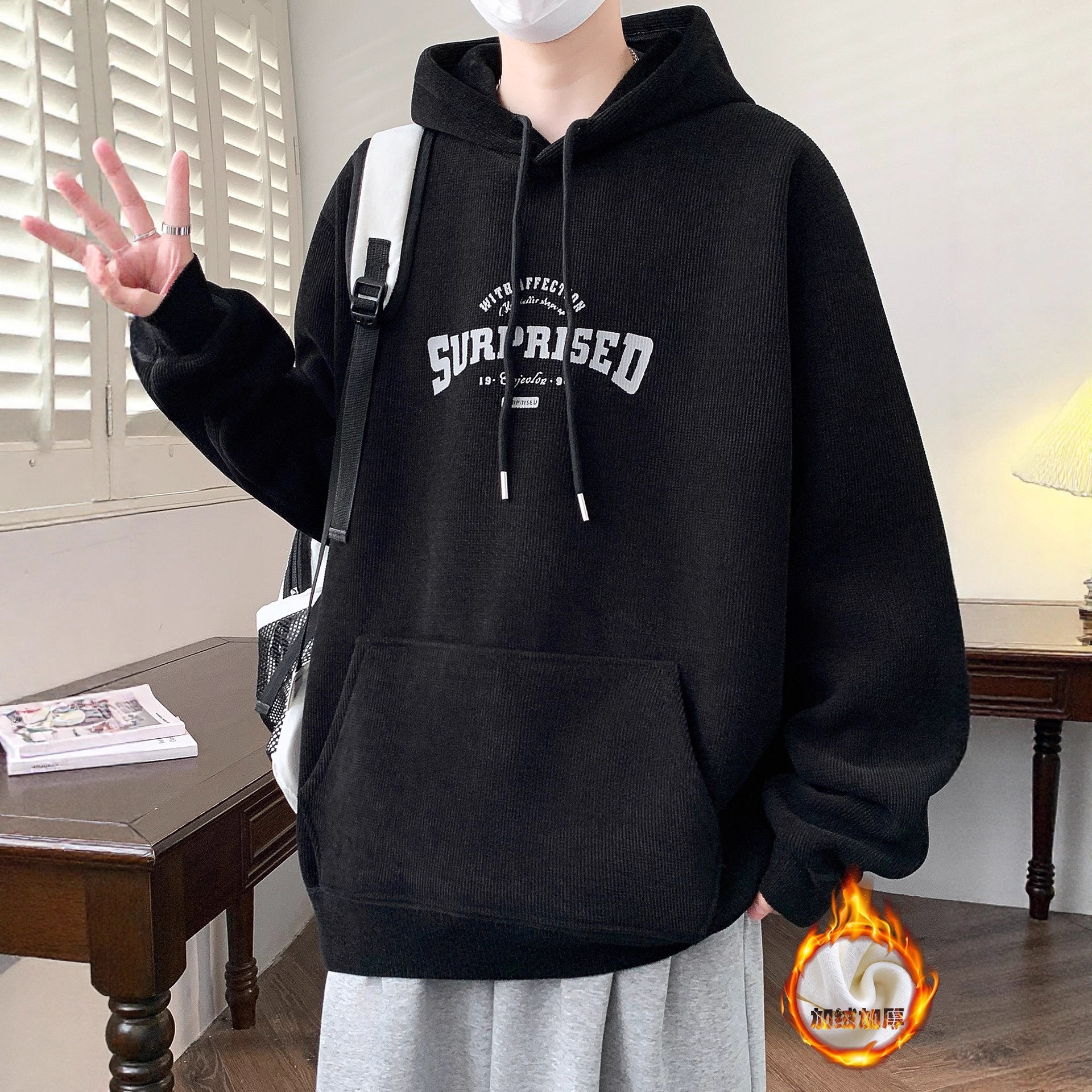 德国冬季连帽卫衣男孩高中初中学生加绒加厚外套青少年大童保暖上