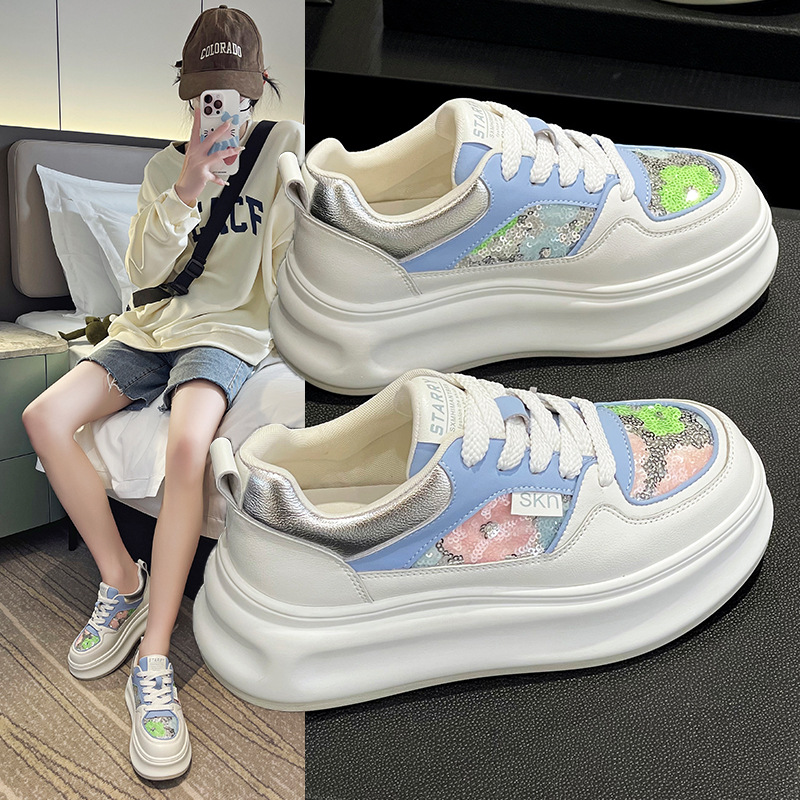 新品断码小白鞋女新款百搭透气舒适时尚松糕厚底亮片运动休闲鞋潮