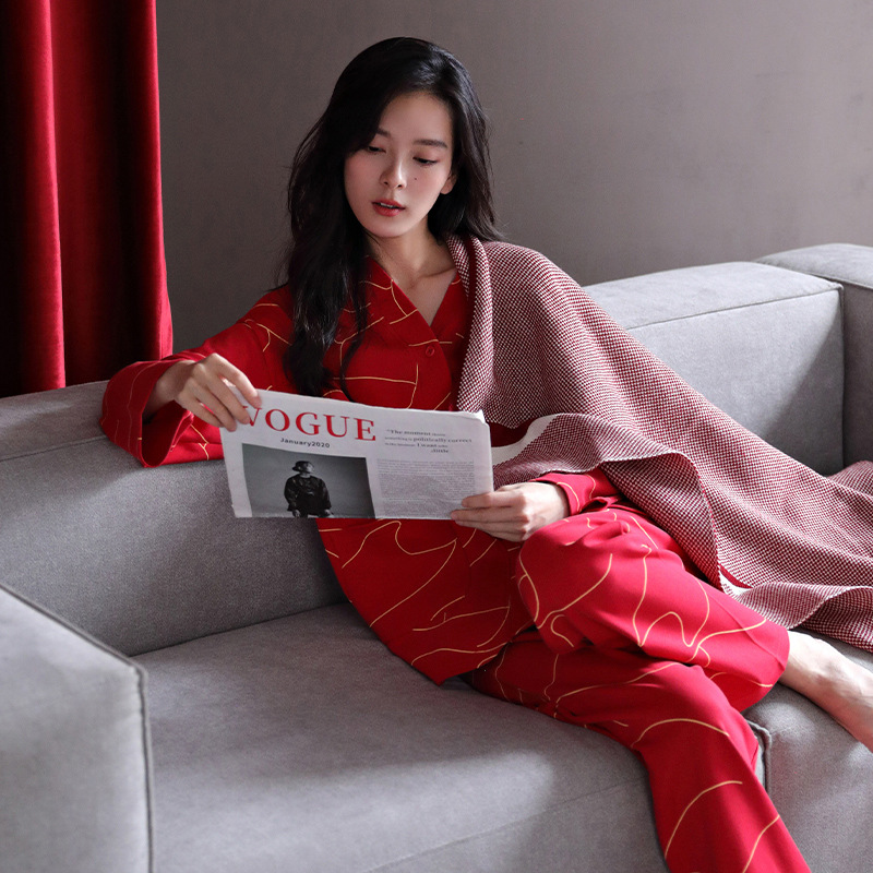 潮牌冬季睡衣女纯棉开衫长袖V领休闲简约天大码家居服全棉套装