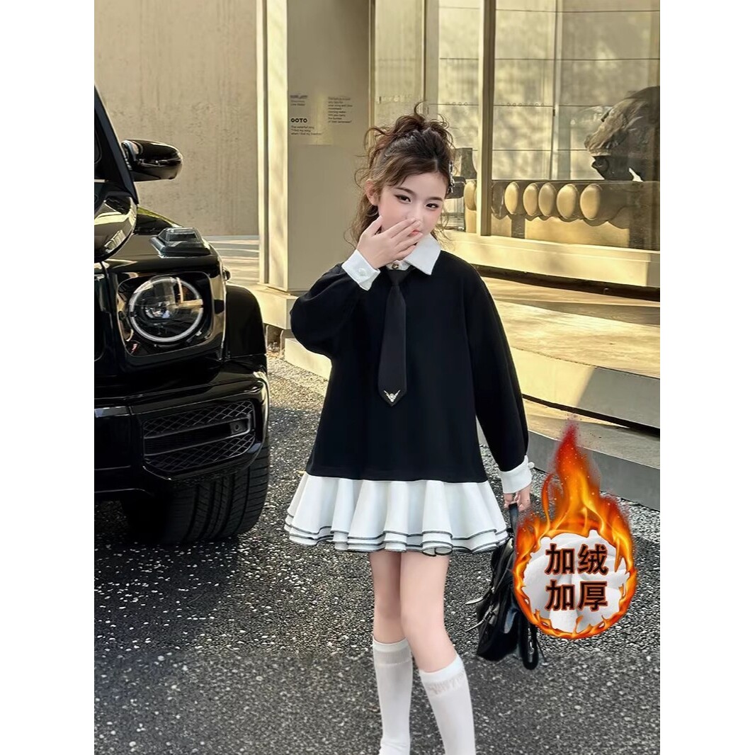 德国女童冬装学院风连衣裙新款中大童韩版洋气长袖一体绒拼接裙