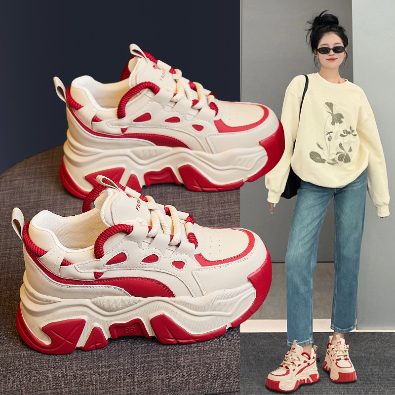香港撤柜厚底增高老爹鞋女冬新款拼色休闲运动鞋小个子加绒松糕女