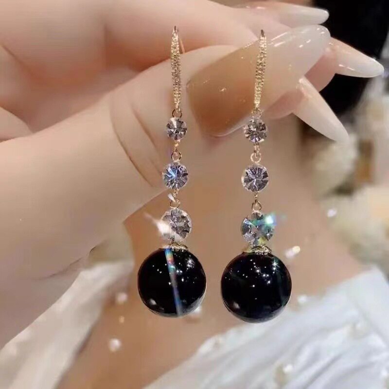 撤柜抖音热门新款耳饰镶钻黑色珠子耳坠耳环 三钻流苏仿珍珠耳钩