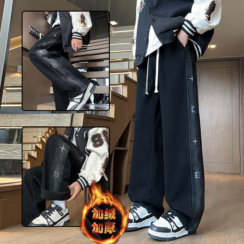 欧洲站冬季青少年加绒牛仔裤岁男孩初高中学生加厚直筒长裤子