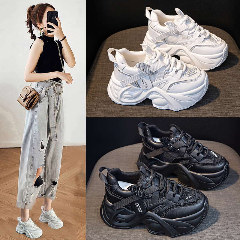 欧洲进口网面透气厚底老爹鞋女季新款水钻潮鞋cm内增高女鞋运动鞋