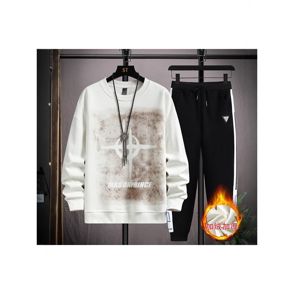 香港撤柜青少年加绒加厚卫衣两件套男孩初高中学生男装岁冬款套装