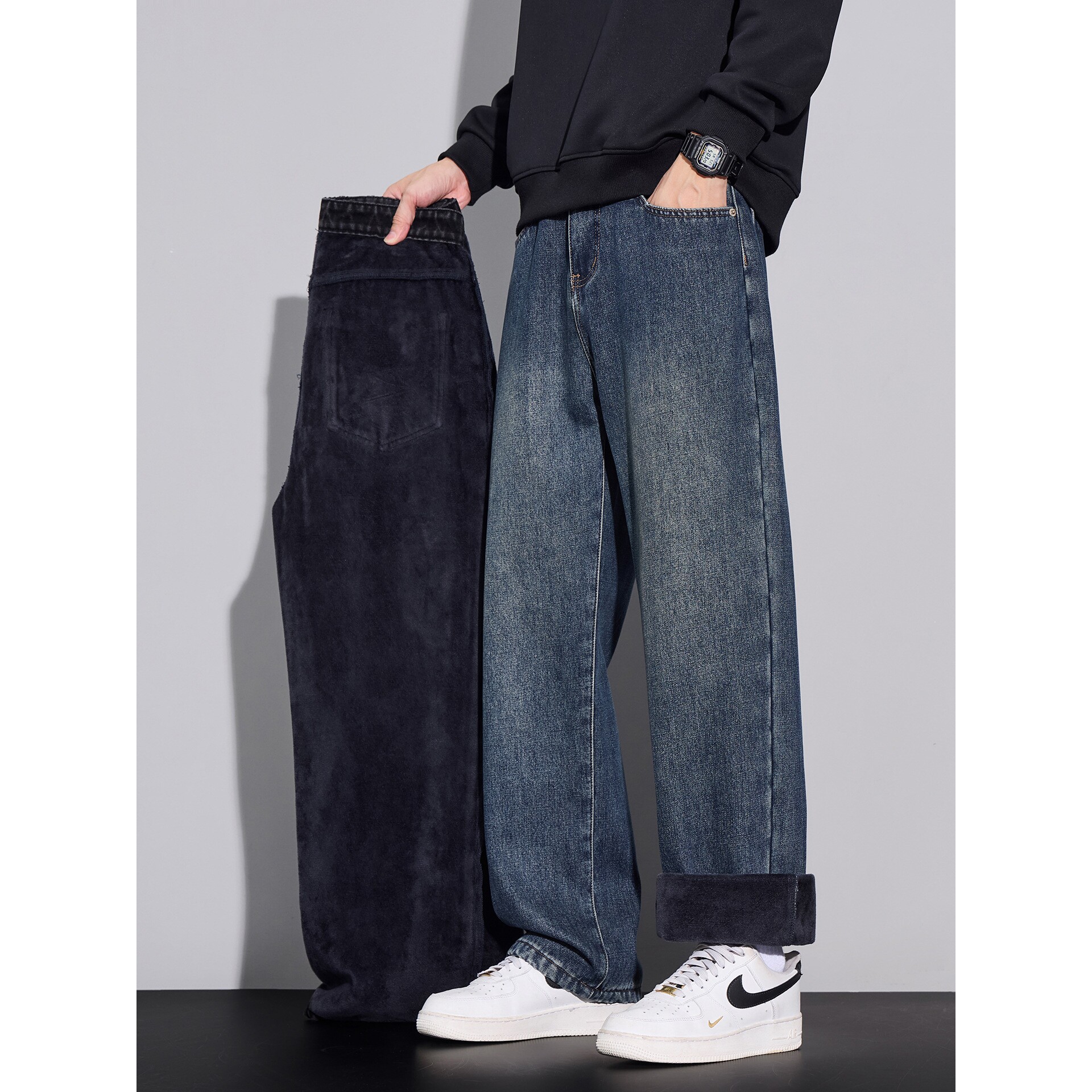 德国加绒哈伦牛仔裤男士季复古潮牌宽松直筒男装冬休闲长裤子