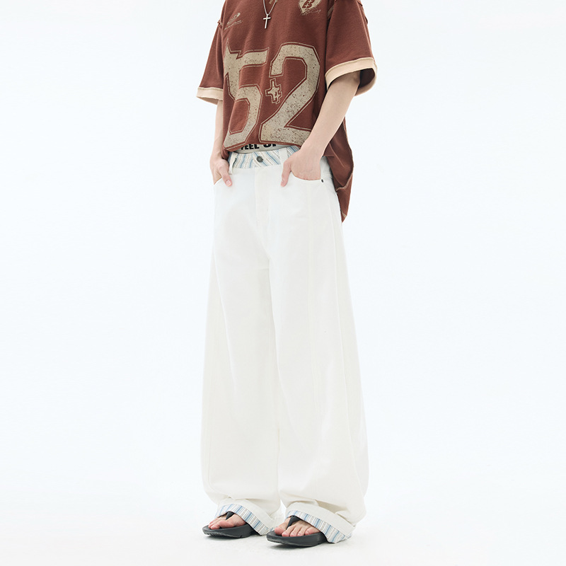 个性时尚美式拼接格纹白色裤子季宽松直筒阔腿牛仔裤垂感拖地裤
