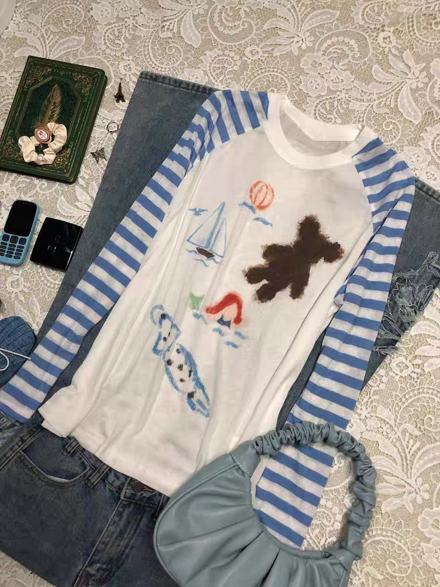蓝色条纹长袖T恤女夏季设计感圆领上衣卡通可爱防晒罩衫大码300斤