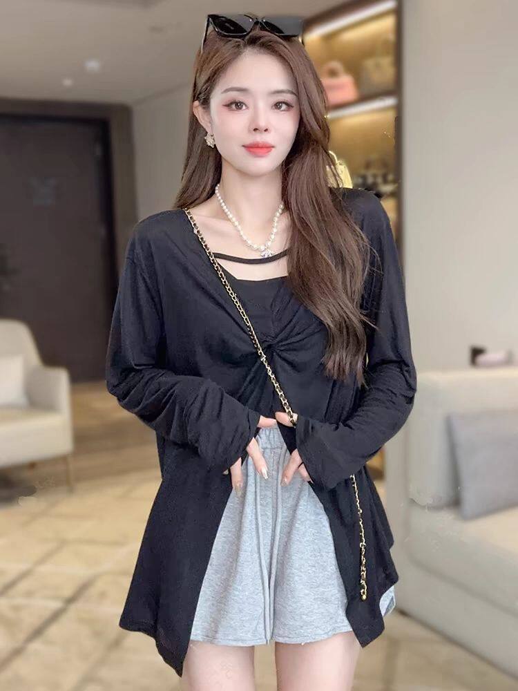 大码300斤V领长袖薄款防晒衣女款夏季胖mm外搭罩衫上衣纽结两穿