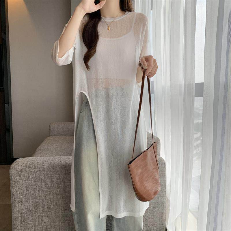 胖MM大码300斤复古开叉中袖防晒罩衫中长款T恤女夏季设计感空调衫