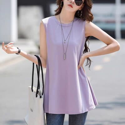 2025冰丝无袖t恤女夏季A字宽松大码300斤背心上衣中长款遮屁显瘦