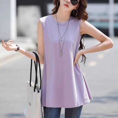 2025冰丝无袖t恤女夏季A字宽松大码300斤背心上衣中长款遮屁显瘦