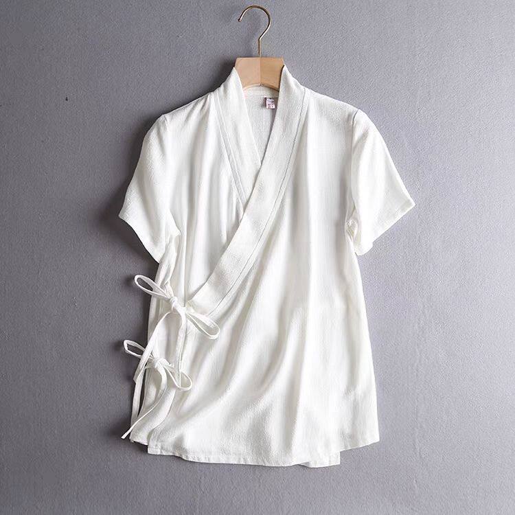 中国风系带交领复古改良禅服汉服通用款短袖上衣大码300斤唐装T恤