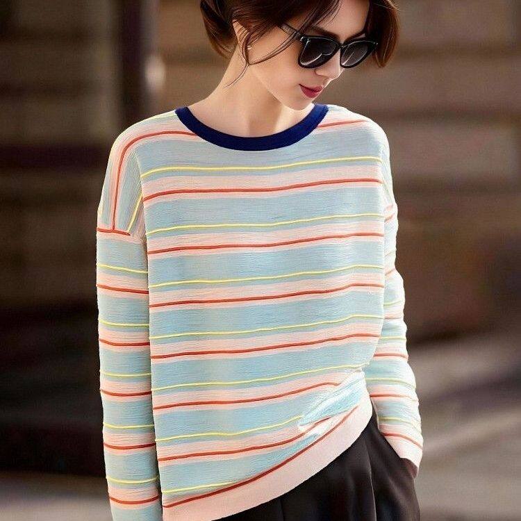 大码宽松长袖T恤女士2026春季新款韩版时尚条纹撞色休闲套头上衣