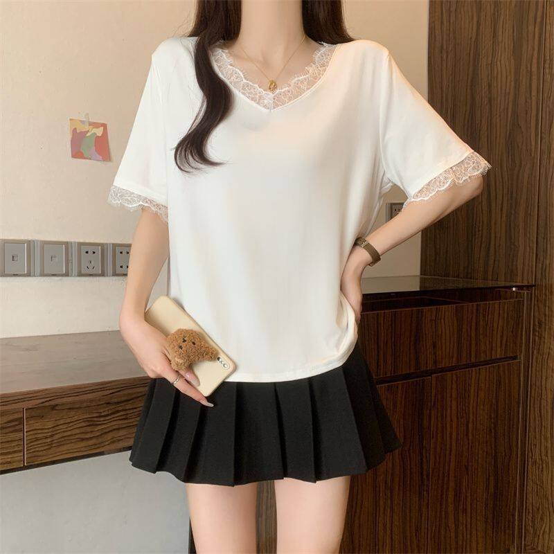 大码300斤蕾丝花边短袖T恤女装夏季2025新款宽松纯色百搭显瘦上衣
