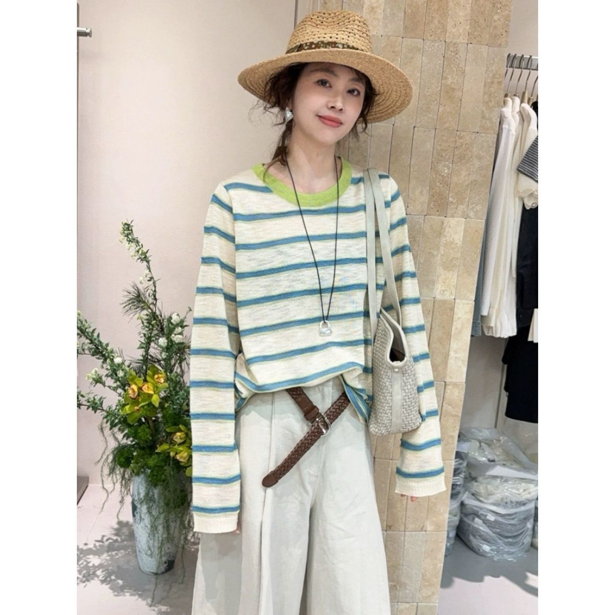 撞色条纹薄款T恤女欧洲站2026夏装新款长袖防晒罩衫打底上衣大码