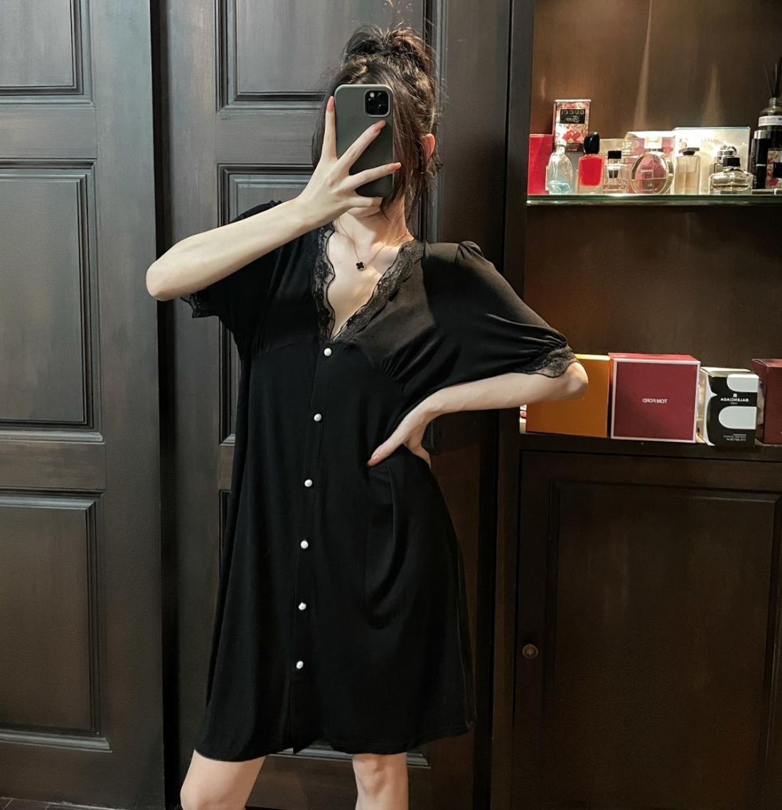 胖MM大码300斤睡衣女夏季法式蕾丝花边小香风短袖开衫睡裙家居服