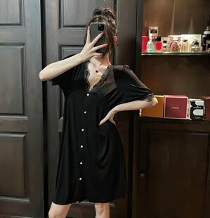胖MM大码300斤睡衣女夏季法式蕾丝花边小香风短袖开衫睡裙家居服