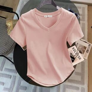 大码300斤正肩短袖T恤女夏季胖mm遮肚子显瘦冰丝V领宽松上衣百搭