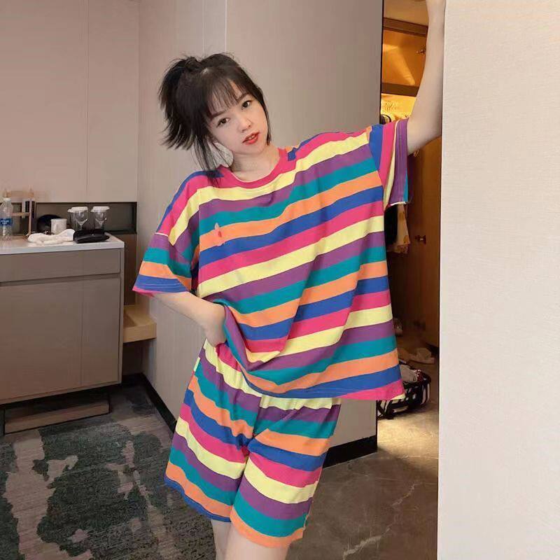 大码300斤女装夏季条纹休闲运动宽松短袖短裤两件套装睡衣家居服