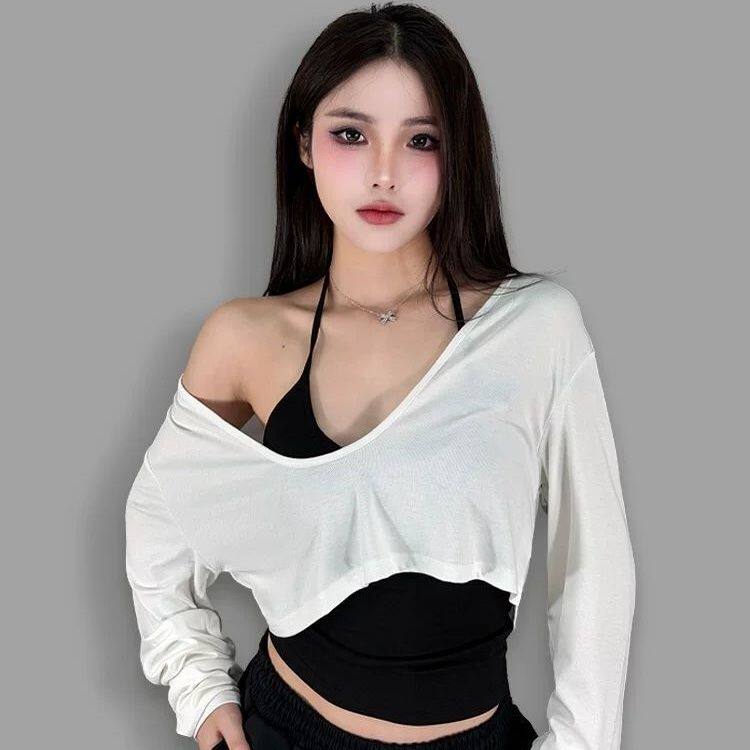街舞性感辣妹风露脐短款长袖T恤女夏季罩衫百搭宽松叠穿上衣大码