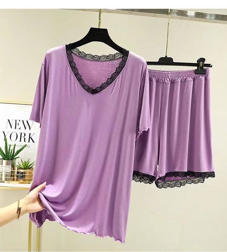 大码300斤胖MM短袖短裤冰丝套装女夏季薄款宽松睡衣V领蕾丝居家服