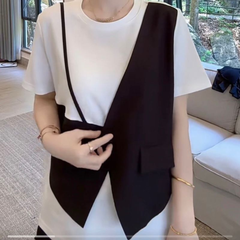夏季韩系时尚简约马甲设计假两件新款女士t恤短袖遮肚子大码300斤
