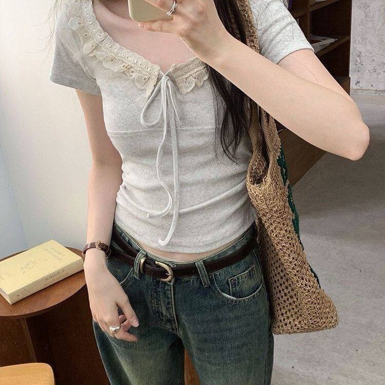法式蕾丝花边系带短袖T恤女夏季设计感小众打底衫蝴蝶结上衣大码
