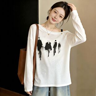 白色印花斜领吊带长袖 微胖mm大码 夏季 镂空露肩上衣 t恤女春夏新款