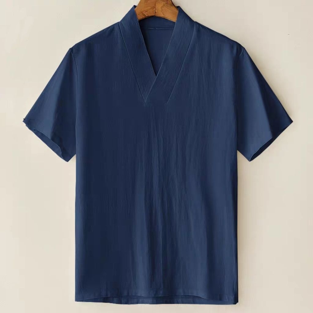 夏季薄款短袖T恤男女中国风大码宽松中式佛系禅修素衣V领汉服上衣