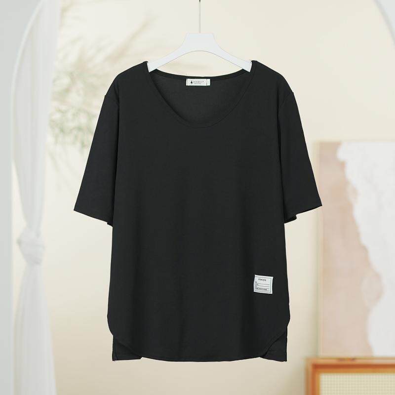 300斤大码女装胖mm夏季冰丝下摆开叉贴布宽松显瘦百搭短袖T恤上衣