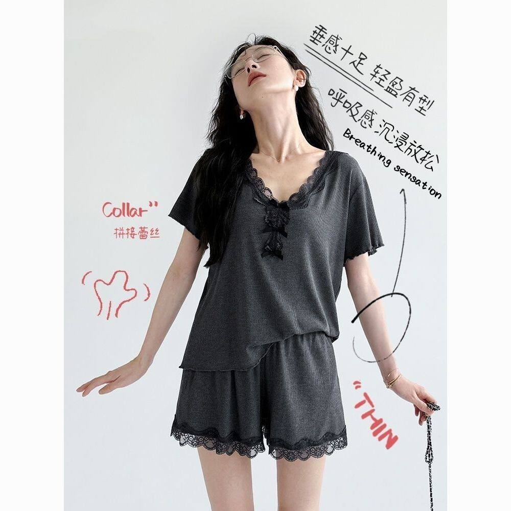 冰丝睡衣夏季性感蕾丝短袖短裤套装高级感家居服可外穿大码300斤