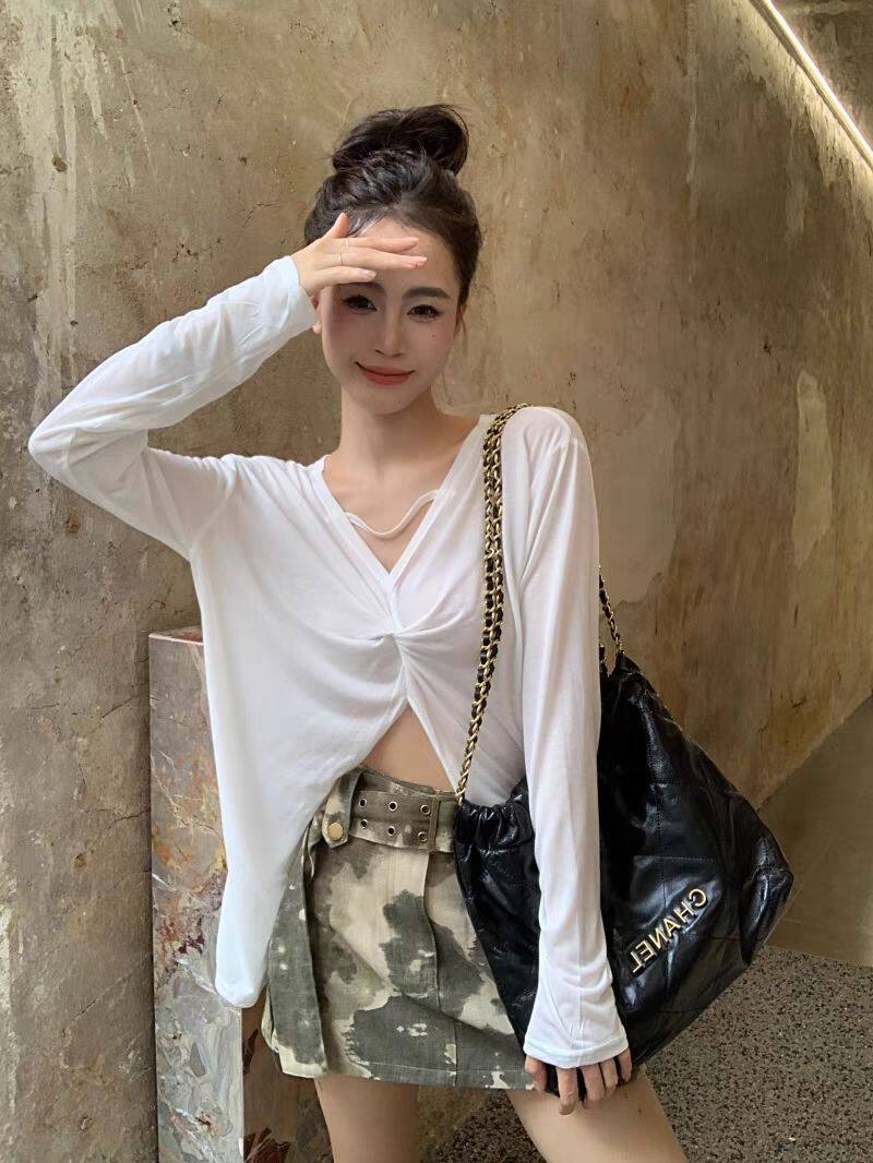 V领扭结前后两穿防晒罩衫T恤女夏季设计感开叉长袖上衣大码300斤