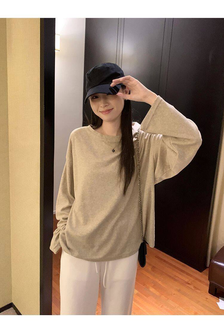 大码300斤德绒保暖女秋冬新款长袖T恤港味复古宽松慵懒松弛感上衣
